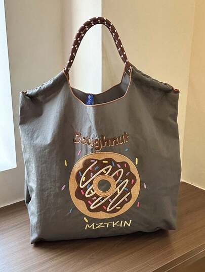 刺绣甜甜圈图案手提袋，大容量旅行袋，带拉手的尼龙购物袋，