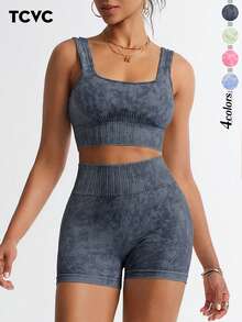 TCVC Conjunto de top deportivo y shorts elástico y suave para mujer, con control del vientre y caderas, de tela amigable con la piel, con efecto moldeador, apto para todo tipo de deportes y yoga durante todas las estaciones. - Negro - Ver 1
