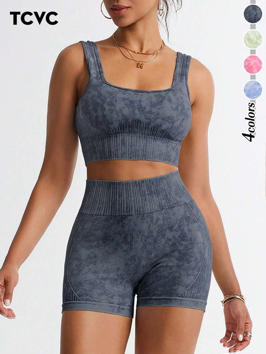 TCVC Conjunto de top deportivo y shorts elástico y suave para mujer, con control del vientre y caderas, de tela amigable con la piel, con efecto moldeador, apto para todo tipo de deportes y yoga durante todas las estaciones. - Negro - Ver 1