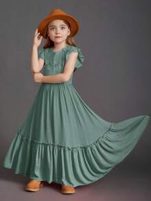 Tween Girls' Summer Holiday Contrast Lace Cap Sleeve Ruffle Hem Dress - Cadet Blue - View 6