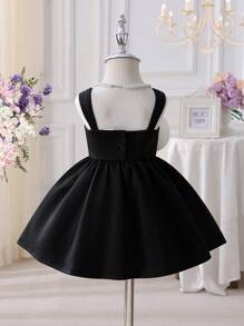 0 - 3 Years Baby Girls' Elegant Sleeveless Dress, Black Skirt With Oversized White Flower Accent