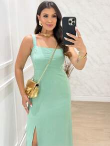 Women's Long Viscose Dress With Slit, Stretch And Elegant Lining For Summer - 薄荷綠 - 查看 6