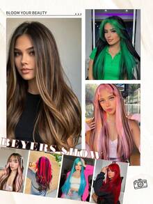 20 英寸夹式接发 18 个夹子深棕色金色粉色白色绿色蓝色玫瑰红色勃艮第酒红色多色 8 件套长直发接发适合女性全头合成接发适合女性日常节日派对和圣诞节音乐节狂欢节新年礼物使用 - 彩色 - 查看 3