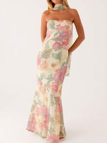 Women Y2k Floral Tube Maxi Dress With Scarf Sleeveless Strapless Backless Mesh Long Bodycon Dresses Formal Cocktail Sundress - 彩色 - 查看 1