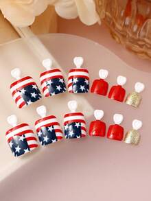 24pcs Short Square Press-On Nails With Patriotic Flag - Toe Nail Art - Festive And Bold, Perfect For Independence Day Celebrations And Patriotic Fashion Lovers - Multicolor - View 2