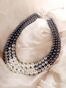 1pc European & American Style Multi-Layered Faux Pearl Fashion Necklace, Sweater Chain Jewelry Accessory - Black and White - View 2