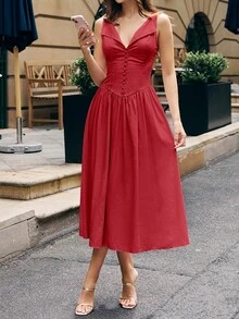 Women's Elegant Solid Color Button Low Waist Patchwork Midi Dress - Red - View 1