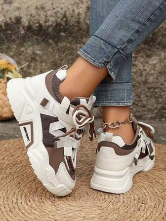 Women's Sports Style Brown Webbing Letter Decor Mesh Sneakers, Outdoor Breathable Versatile Thick Bottom Sports Running Shoes