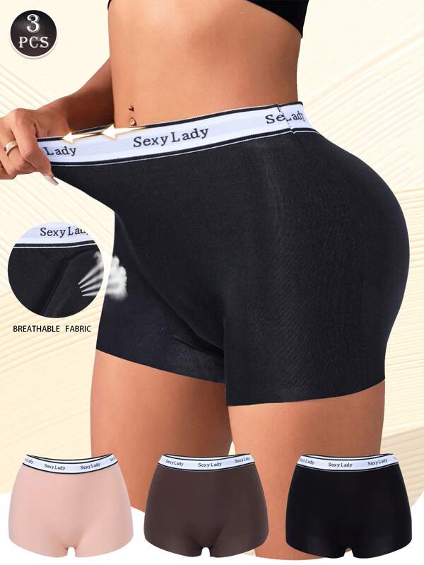 Conjunto de 3 shorts de seguridad para mujer tipo bóxer en unicolor, de cintura media minimalista, sin marcas, shorts de control de abdomen con estampado de letras, ropa interior de licra tipo legging