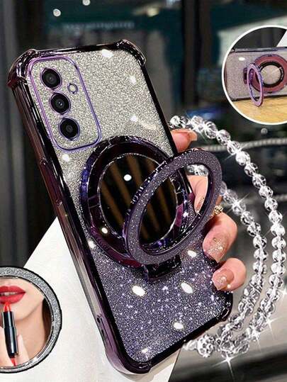 新款手机 16 四角防摔保护壳 + 闪亮紫色纸仿珍珠挂绳闪亮粉色圆形化妆镜磁力支架一体式手机壳适用于 Galaxy 16 Pro 16 Pro Max S25/S25Plus/S25Ultra XM HW RM Oppo 防水防震防刮
