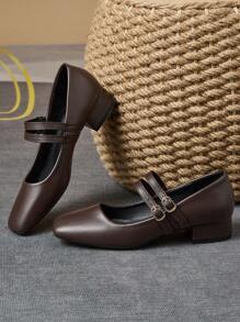 Women's 3cm Cloth Covered Heel Black Fashion Versatile Navy Blue Seasonal Coffee Mary Jane Wine Red Chunky Heel Flats