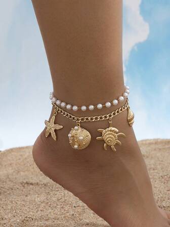 1pc Summer Beach Ocean-Themed Faux Pearl, Starfish & Shell Decor Multi-Layer Anklet For Women, Holiday Gift