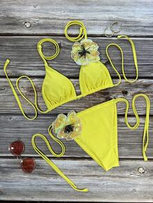 European & American Fashion Women's Summer Beach 3D Floral Decor Sexy Bikini Swimsuit Set - Yellow - View 2
