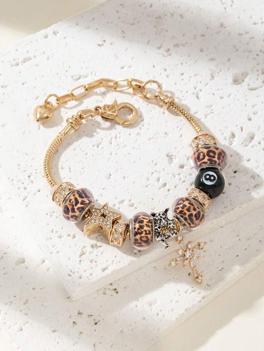 1st Tiener DIY kralenarmband met koperen kruis, luipaardprint kralen en zwarte kwastjes, mode sieraden, cadeau voor verjaardag