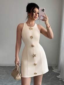 Rochie scurtă ocazională, fără mâneci, cu nasturi, cu guler rotund - Caisă - Vizualizare 3