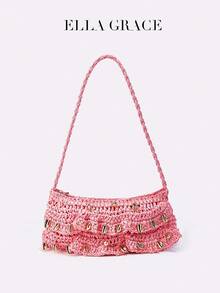 ELLA GRACE-Crochet Cross Body Bag, Sweet, Fashionable, Lightweight And Stylish, Suitable For Vacations, Commuting And Daily Use. - Pink - View 1