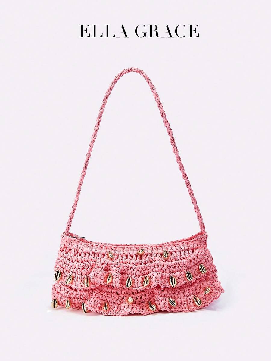 ELLA GRACE-Crochet Cross Body Bag, Sweet, Fashionable, Lightweight And Stylish, Suitable For Vacations, Commuting And Daily Use. - Pink - View 1