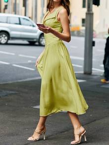 Spring/Summer Solid Color Button Patchwork Dress, Elegant Lady Style, Suitable For Daily, Date, Vacation Wear - Lime Green - View 6
