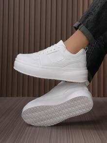 Men's Classic Solid Color Leather Splicing Thick-Sole Shock-Absorbing Flat Non-Slip Sneakers, Outdoor Classic Street Cool Daily Versatile Solid Color Casual Shoes - White - View 8