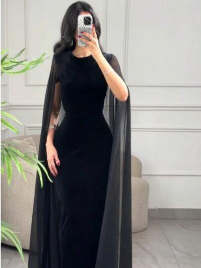 中东新款时尚女式天鹅绒修身连衣裙，裹身袖设计，欧美风春季黑色款