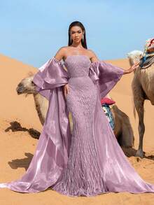 Faeriesty Haute Glamour Elegant Off-Shoulder Beaded Evening Gown With Floor-Length Cape – Layered Satin Cape, Fitted Mermaid Silhouette, Intricate Sequin Embellishments For Luxury Weddings, Red Carpet Events, And Formal Evening Galas​ - Dusty Pink - View 5