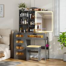 HNEBC RGB Makeup Vanity Desk With Wireless Charging Station,7 Dynamic And 7 Static Dimmable Vanity Table With Glass Desktop,Vanity Mirror With Lights Desk&Chair,8 Drawers,Stool - Grey - View 2