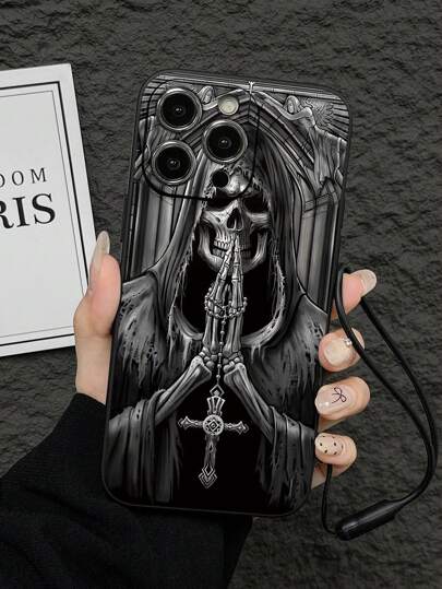 1pc Solid Color Cross & Print Fashionable Dark Horror Design With Religious Elements Matte Phone Case, Comes With Wrist Strap, Compatible With Apple Series IPhone X/XS/XSMAX/XR/11/12/13/14/15/16/16PRO/16PROMAX, Series GalaxyA05/A15/A25/A35/A53/A54/A55/A56/S23/S24/25