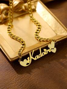 Customized 2 Names Necklace With Crown & Heart Shaped Zirconia Cubic, 5mm Cuban Chain, Stainless Steel, Jewelry Gift For Men & Women, Valentine's Day - Gold - View 10