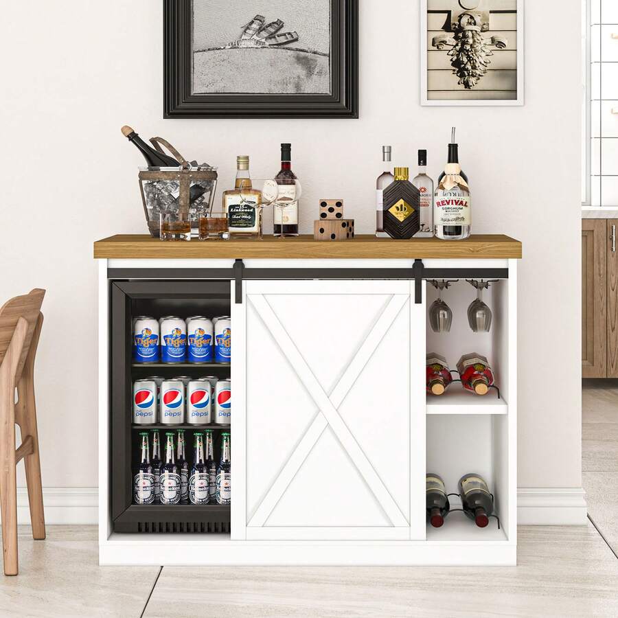 Bvldfamly Farmhouse Coffee Bar Cabinet With Fridge Space, 49.2" Fridge Cabinet With Sliding Barn Door, Kitchen Buffet Sideboard With Wine Rack, Glass Holder, Power Outlets, Dining Room Living Room, White - White - View 1