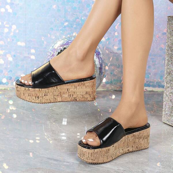 Europäischer und amerikanischer Stil Plateausandaletten mit dicker Sohle, massive Holzmaserung Sohle, offene Zehen Highheels-Slides für Damen, Frühling/Sommer