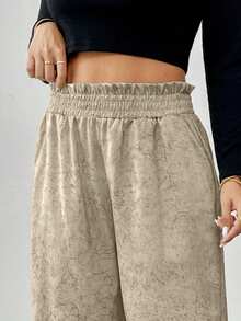 Pantalón recto casual para uso básico de dama liso con resorte de moda - Caqui - Ver 3
