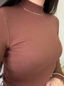 Women's Ribbed Blouse Long Sleeve Turtleneck Basic  Casual Modern Second Skin Brown Autumn And Winter Color
