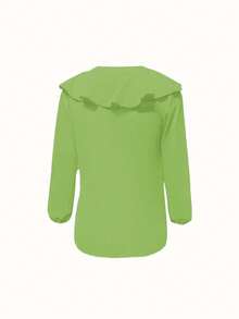 休闲荷叶边下摆V领长袖衬衫 - 綠色 - 查看 2