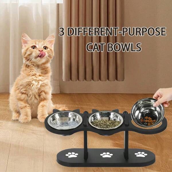 3 supports surélevés pour bols de chat en acier inoxydable avec une inclinaison de 15°, bols surélevés pour la nourriture des chats d'intérieur, bols de chat surélevés, bol pour animaux de compagnie de hauteur réglable avec étagère noire, ensemble de bols pour nourriture et eau pour chats