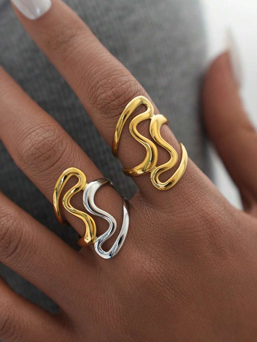 1枚/2枚简约时尚不对称心形镂空戒指，18K镀金不锈钢材质，适合日常佩戴、派对度假或作为情人节礼物。