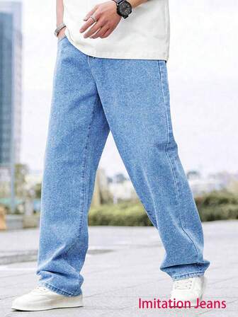 1 pieza Pantalones vaqueros rectos de unicolor personalizados para adolescentes, de ajuste holgado, para uso casual, deportes al aire entrenamiento, para primavera/otoño/invierno