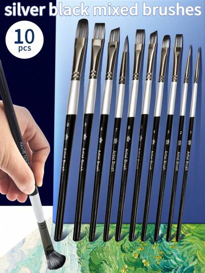 opeth 10pcs Pearlescent White Wooden Handle Nylon Hair Art Brush, Multi-Purpose Nylon Bristle Brushes Suitable For Watercolor, Gouache, Acrylic, Oil Painting,Back To School,School Supplies