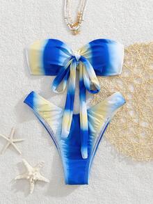 New Spring/Summer Tie-Dye Bandeau With Bow Decor Two Pieces Bikini - Blue and Yellow - View 2