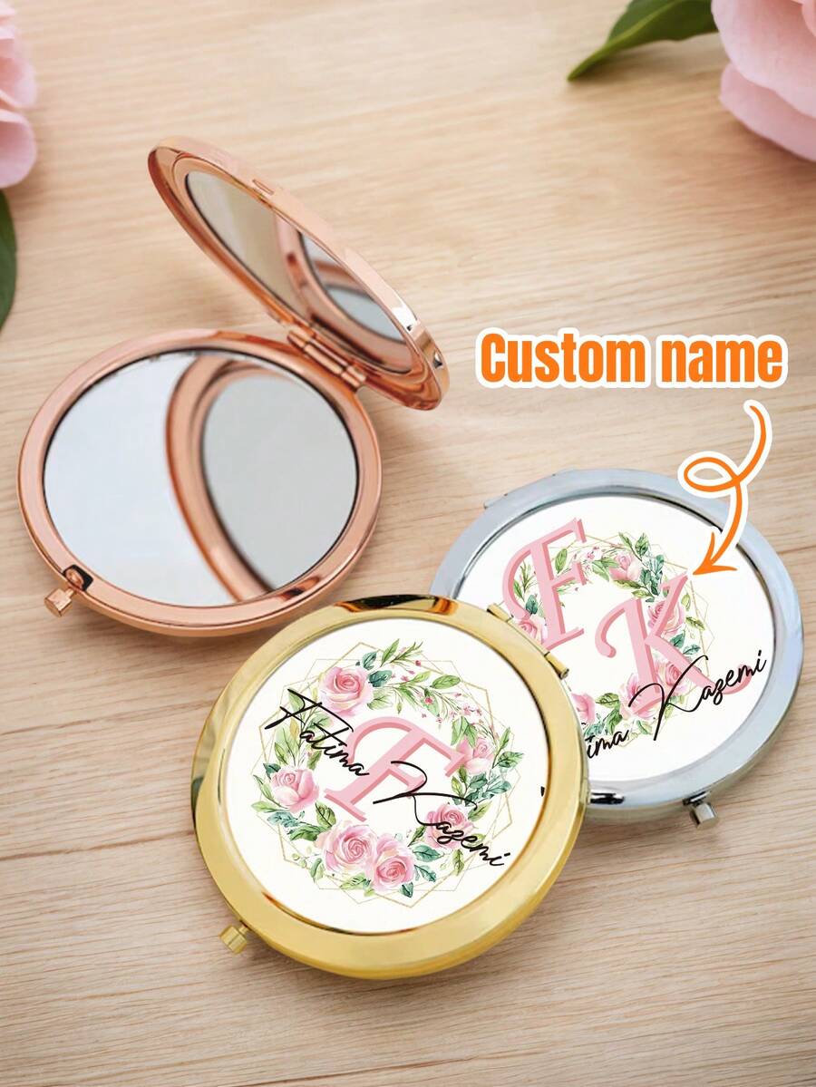 1pc Custom Name Makeup Mirror, Personalized Handheld Mirror, Customized Flower Compact Mirror, Personalized Pocket Mirror For Girl, Personalized Mother's Day Gift, Round, Gold/Silver/Rose Gold, Travel Makeup Mirror Handheld Small Mirror - Style a - View 1