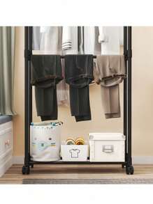 1pc Easy Assemble Floor Standing Drying Rack, Single Rod Double Rod Storage Rack, Garment & Hat Rack, Balcony Drying Rack With Swivel Wheels, Movable Storage Organizer