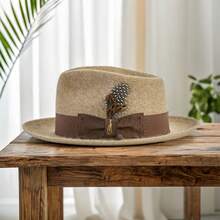Travel Beach Sun Hat, Spring Brown Felt Hat With Feathers, Pure Wool Hat, Jazz Hat, Dark Gray Contrasting Felt Hat, Large Head Felt Hat - 棕色 - 查看 2