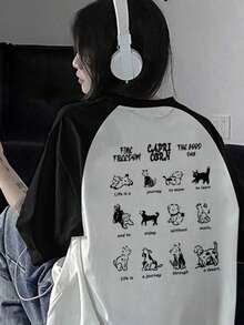 全新夏季女式休闲宽松可爱猫狗印花拼布 T 恤 - 白色 - 查看 6