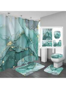 1/4 Pcs Blue & Green Marble Pattern Bathroom Set, Waterproof Shower Curtain With 12 Hooks, U-Shaped Rug, Toilet Lid Cover, L-Shaped Mat, Beautiful Bathroom Decor Accessories Fall Decor Bathroom Accessories Back To School