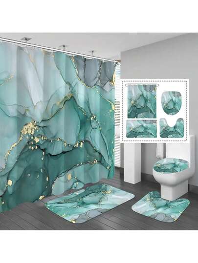 1/4 件蓝色和绿色大理石纹浴室套装，防水浴帘（带 12 个挂钩），U 型地毯，马桶盖，L 型垫子，精美浴室装饰配件秋季装饰浴室配件返校