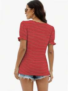 hupos Women's Casual Square Neck Short Sleeved Summer T-Shirt - Sọc đỏ - Xem 2