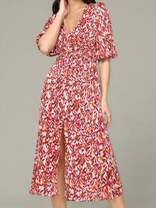 Europa i Stany Zjednoczone Francuskie retro nadruki bufiaste rękawy głęboki dekolt w serek wysoki otwarty rozporek seksowna sukienka średniej długości bez nogawek wiosna i lato nowe lekkie i wygodne sukienki w stylu boho