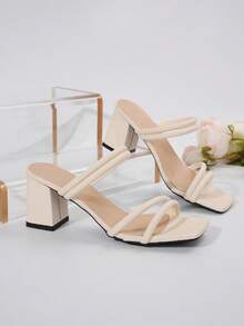 女式仿皮系带凉鞋，夏季新款粗跟韩版时尚高跟户外拖鞋，黑色 - 米色 - 查看 6