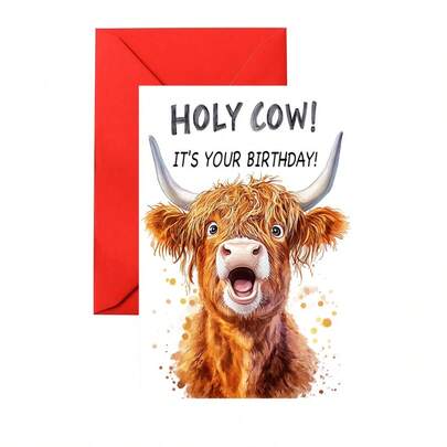 1/2 件趣味高地牛生日/圣诞贺卡 - 幽默的“Holy Cow！”设计，送给农场动物爱好者、朋友和家人的礼物 - 高品质卡纸，触感柔软，圣诞礼物