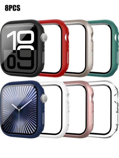 8件/套男女款PC+钢化玻璃一体式表壳，防摔时尚休闲保护套，适用于表壳38/40/41/42/44/45/46/49mm，适用于 Series Ultra/SE/11/10/9/8/7/6/5/4/3/2/1，智能手表表壳配件