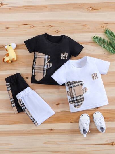 4pcs/Set Summer Outdoor Cartoon Bear & Plaid Embroidered Baby Short Sleeve T-Shirt + Shorts